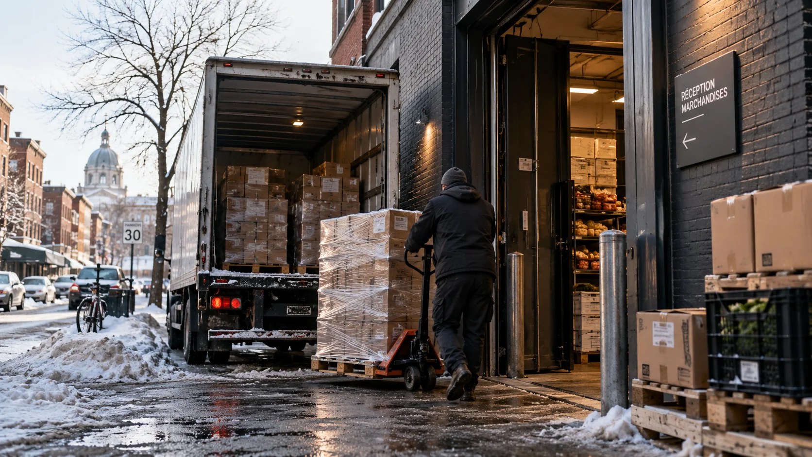 Livraison de marchandises sur palette depuis un camion, à l’entrée d’un commerce en hiver.