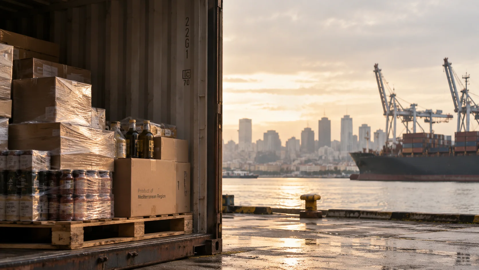 Marchandises agroalimentaires dans un conteneur ouvert sur un port.