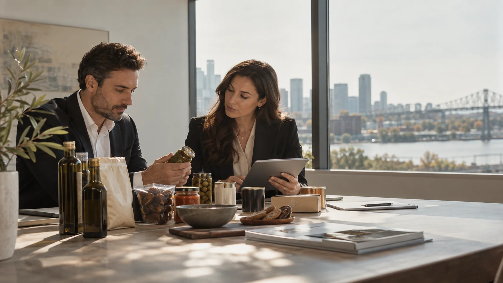 Deux professionnels examinent une sélection de produits alimentaires autour d’une table.