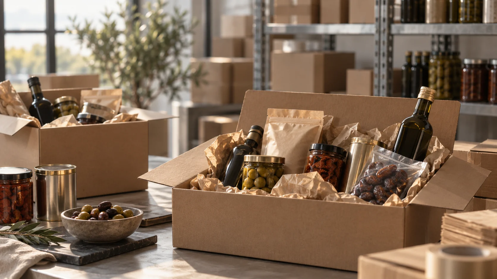 Huiles, olives, conserves et produits secs présentés dans des cartons.